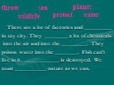 There are a lot of factories and __________ in my city. They ________ a lot of chemicals into the air and into the _________. They poison water into the ________. Fish can’t live in it. ____________ is destroyed. We must ___________ nature as we can. throw sea plants wildlife protect water