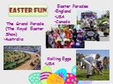 Easter Fun. Easter Parades England USA Canada. Rolling Eggs USA. The Grand Parade (The Royal Easter Show) Australia