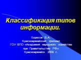 Классификация типов информации. Борисов В.А. Красноармейский филиал ГОУ ВПО «Академия народного хозяйства при Правительстве РФ» Красноармейск 2009 г.