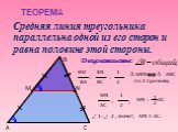 ТЕОРЕМА. Средняя линия треугольника параллельна одной из его сторон и равна половине этой стороны. B Доказательство: BM BA. 1= 2 , значит, МN II АС.