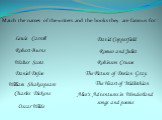 Match the names of the writers and the books they are famous for : David Copperfield The Heart of Midlothian Romeo and Juliet songs and poems Robinson Crusoe Alice's Adventures in Wonderland The Picture of Dorian Gray.