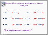 Прочитайте глаголы, определите время глаголов. Единственное число. 1л. Я пишу 2л. Ты пишешь 3л. Он пишет. Множественное число. 1л. Мы пишем 2л. ВЫ пишите 3л. Они пишут. -Что изменяется в словах?