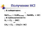 Получение HCl. В лаборатории: t NaCl(тв.) + H2SO4(конц) → NaHSO4 + HCl В промышленности: H2 + Cl2 → 2HCl свет CH4 + Cl2 → CH3Cl+ HCl