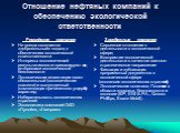 Отношение нефтяных компаний к обеспечению экологической ответственности. Российские компании Не всегда осознается «добровольный» подход к обеспечению экологической ответственности Интересы экономической результативности превалируют над интересами экологической безопасности Экологические инвестиции н