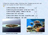 2. Read the sentences below. What does Mrs. Kingsley say we must and mustn’t do to protect the reefs? Tick (V) the sentences. a) We must keep the reefs clean. [ ] b) We must grow more plants on the coral reefs. [ ] c) We must stop putting rubbish in the sea. [ ] d) We mustn’t visit coral reefs. [ ] 