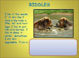 I live in the woods. I `m very big. I have a big nose, a little tail and four legs. I like to eat fish and berries. I like to sleep in winter. Sometimes I am very aggressive. I am a…