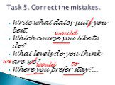 Write what dates suits you best. Which course you like to do? What levels do you think are we? Where you prefer stay?... Task 5. Correct the mistakes. would we to