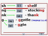sh - shelf ng - stocking nk - thank g - gentle (перед i,y,e) - gate. [ʃ ] [ŋ] [ŋk ] [ʤ ] [g]