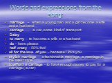 Words and expressions from the song: marriage - when a young man and a girl become a wife and a husband carriage - a car, some kind of transport Daisy to marry – to become a wife or a husband do - here: please half crazy – 50% fool all for the love of you – because I love you stylish marriage – a fa