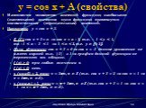 y = cos x + A (свойства). Изменяются множество значений функции; наибольшее (наименьшее) значения; нули функции; промежутки положительных (отрицательных) значений. Например: y = cos x + 2. E (f): cos x + 2 = a  cos x = a – 2, т.к. – 1  y  1, то –1  а – 2  1  1  а  3, т.е. y  1; 3. Нули фу