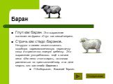 Глуп как баран. Это выражение вытекает из фразы «Глуп как сивый мерин». Стричь как стадо баранов. Нетрудно в нашем языке отыскать подобную паремиологическую перекличку овцы и стрижки под единую гребенку. Это выражение употреблялось ещё в начале века: «Им легко очки втирать, на словах распинаться за 