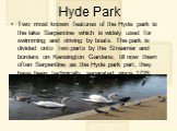 Hyde Park. Two most known features of the Hyde park is the lake Serpentine which is widely used for swimming and driving by boats. The park is divided onto two parts by the Streamer and borders on Kensington Gardens; till now them often Serpentine as the Hyde park part, they have been technically se