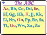 The ABC. Aa, Bb, Cc, Dd, Ee, Ff, Gg, Hh, Ii, Jj, Kk, Ll, Nn, Oo, Pp, Rr, Ss, Tt, Uu, Ww, Xx, Zz