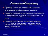Привод CD-ROM позволяет только считывать информацию с диска Привод CD-RW позволяет и считывать информацию с диска и записывать на диск. Привод DVD-ROM позволяет читать диски CD-R, CD-ROM, CD-RW, DVD-ROM, DVD-RW