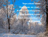 Чародейкою Зимою Околдован, лес стоит – И под снежной бахромою, Неподвижною, немою, Чудной жизнью он блестит. Ф.И.Тютчев