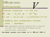 Объем тела. Прибор для измерения объема тела – линейка При измерении объема жидкостей и сыпучих тел или тел неправильной формы можно использовать мензурку). Единица измерения 1 м3 или 1см3 1 см = 0,01 м = 10-2м; 1 см3 = (0,01 м)3 = 0,000001м3=10-6м3. Если объем жидкости дан в литрах, то 1 л = 1000 с