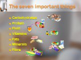 The seven important things. Carbohydrates Protein Fluid Vitamins Fats Minerals Fibre