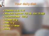 Your daily diet. Vitamins A, B, C, D Minerals (calcium 700 mg, iron 13 mg) Carbohydrates 400 g Protein 60 g Fats 70 g Fluid 1.7 litres Fibre