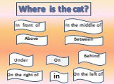 Where is the cat? On of In front of Above Between Under Behind On the right of On the left of In the middle of in