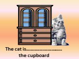 on the right of. The cat is………....………….. the cupboard