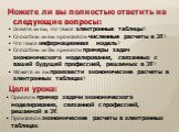 Цели урока: Привести пример задачи экономического моделирования, связанной с профессией, решаемой в ЭТ. Произвести экономические расчеты в электронных таблицах. Можете ли вы полностью ответить на следующие вопросы: Знаете ли вы, что такое электронные таблицы? Способны ли вы произвести численные расч