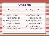 ОТВЕТЫ. Вариант 1 а) НОД(12,18)=6 НОК(12,18)=36 б) НОД(13,39)=13 НОК(13,39)=39 в) НОД(11,15)=1 НОК(11,15)=165. Вариант 2 а) НОД(10,15)=5 НОК(10,15)=30 б) НОД(19,57)=19 НОК(19,57)=57 в) НОД(7,12)=1 НОК(7,12)=84