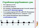 Определение координатного луча. Начертить луч ОХ; Отметить точку Е; Поставить в соответствие точке О число 0, точке Е-1. Отрезок ОЕ-единичный отрезок. Отложить отрезки ЕА=ОЕ и АВ=ОЕ. Поставить в соответствие точке А число 2, точке В-3 и т.д. Полученная бесконечная шкала называется координатным лучом