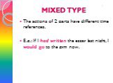 MIXED TYPE. The actions of 2 parts have different time references. E.g.: If I had written the essay last night, I would go to the gym now.