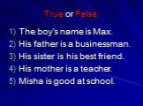 True or False: The boy’s name is Max. His father is a businessman. His sister is his best friend. His mother is a teacher. Misha is good at school.