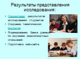 Результаты представления исследования: Презентации результатов исследования студентов Создание тематических буклетов Формирование банка данных по изучению межличностных отношений Подготовка web-сайта