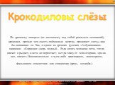  По древнему поверью (не имеющему под собой реальных оснований), крокодил, прежде чем съесть пойманную жертву, проливает слезы, как бы оплакивая ее. Так, в одном из древних русских «Азбуковников» написано: «Коркодил зверь водный... Егда имать человеки ясти, тогда плачет и рыдает, а ясти не перестает