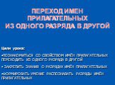 Цели урока: ПОЗНАКОМИТЬСЯ СО СВОЙСТВОМ ИМЁН ПРИЛАГАТЕЛЬНЫХ ПЕРЕХОДИТЬ ИЗ ОДНОГО РАЗРЯДА В ДРУГОЙ ЗАКРЕПИТЬ ЗНАНИЯ О РАЗРЯДАХ ИМЁН ПРИЛАГАТЕЛЬНЫХ ФОРМИРОВАТЬ УМЕНИЕ РАСПОЗНАВАТЬ РАЗРЯДЫ ИМЁН ПРИЛАГАТЕЛЬНЫХ. ПЕРЕХОД ИМЕН ПРИЛАГАТЕЛЬНЫХ ИЗ ОДНОГО РАЗРЯДА В ДРУГОЙ