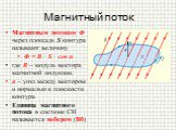 Магнитный поток. Магнитным потоком Φ через площадь S контура называют величину Φ = B · S · cos α где B – модуль вектора магнитной индукции, α – угол между вектором и нормалью к плоскости контура Единица магнитного потока в системе СИ называется вебером (Вб)