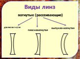 двояковогнутая плосковогнутая выпукло-вогнутая. вогнутые (рассеивающие)