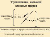 Тривиальные названия сложных эфиров. название спирта + эфир + название кислоты (в Р.п.). этиловый эфир пропановой кислоты