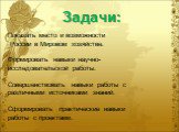 Задачи: Показать место и возможности России в Мировом хозяйстве. Формировать навыки научно-исследовательской работы. Совершенствовать навыки работы с различными источниками знаний. Сформировать практические навыки работы с проектами.