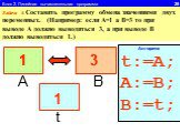 Блок 2. Линейная вычислительная программа 29. Задача 5. Составить программу обмена значениями двух переменных. (Например: если А=1 а В=3 то при выводе А должно выводиться 3, а при выводе В должно выводиться 1.). В t 1 3 t:=A; A:=B; B:=t; Алгоритм