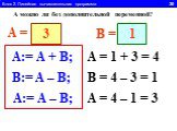 Блок 2. Линейная вычислительная программа 30. A:= A + B; A = 1 + 3 = 4 A = B = B:= A – B; B = 4 – 3 = 1 A:= A – B; A = 4 – 1 = 3. А можно ли без дополнительной переменной? 4