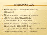 Признаки права. Нормативность – определяет нормы поведения Обязательность – обращены ко всем Обеспеченность государством – устанавливается государством Формализованы – нормы выражены в официальной форме (законах) Неоднократность действия норм – количество случаев применения не ограничено