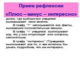 Рефлексию можно провести устно у доски, где выборочно учащиеся высказывают свое мнение. В графу “+” записываются все факты, вызвавшие положительные эмоции. В графу “–” учащиеся выписывают все, что у них отсутствует или осталось непонятным. В графу “интересно” (?)учащиеся выписывают все то, о чем хот