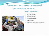 Радиация - это самопроизвольный распад ядер атомов . Виды радиации: α – частицы; β – частицы; γ – излучение; нейтроны; рентгеновское излучение.