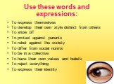 Use these words and expressions: To express themselves To develop their own style distinct from others To show off To protest against parents To rebel against the society To differ from social norms To be in a collective To have their own values and beliefs To reject everything To express their iden