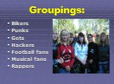 Groupings: Bikers Punks Gots Hackers Football fans Musical fans Rappers