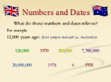 Numbers and Dates. What do these numbers and dates refer to? For example: 12,000 years ago: first people arrived in Australia 120,000 1970 300.000 7,700,000 20,000,000 1978 6 1931