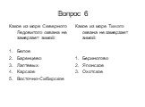 Вопрос 6. Какое из море Северного Ледовитого океана не замерзает зимой: Белое Баренцево Лаптевых Карское Восточно-Сибирское. Какое из море Тихого океана не замерзает зимой: Бериногово Японское Охотское