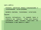 Цель работы: показать различие между природными и техногенными катастрофами; выявить причины техногенных катастроф; Задачи: изучить литературу по данной теме и ответить на вопрос: «Рано или поздно созданная нами техника уничтожит ли Вселенную и нас вместе с ней»?