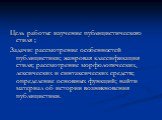 Цель работы: изучение публицистического стиля ; Задачи: рассмотрение особенностей публицистики; жанровая классификация стиля; рассмотрение морфологических, лексических и синтаксических средств; определение основных функций; найти материал об истории возникновения публицистики.