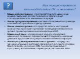 Как осуществляется взаимодействие ПК и человека? Машинная программа – последовательность машинных команд, задающая алгоритм решения задачи в виде последовательности машинных операций. Языки программирования – система обозначений и правил для описания алгоритмов и структур данных. Языки низкого уровн