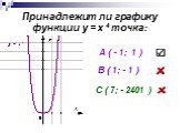 Принадлежит ли графику функции у = х 4 точка: А ( - 1; 1 ) В ( 1; - 1 ) С ( 7; - 2401 )