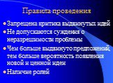 Правила проведения. Запрещена критика выдвинутых идей Не допускаются суждения о неразрешимости проблемы Чем больше выдвинуто предложений, тем больше вероятность появления новой и ценной идеи Наличие ролей